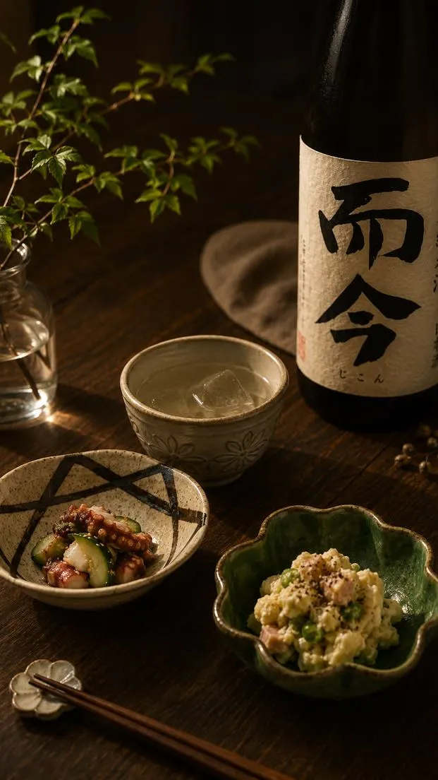 Japanese sake bottle paired with octopus salad and potato side dish on wooden table