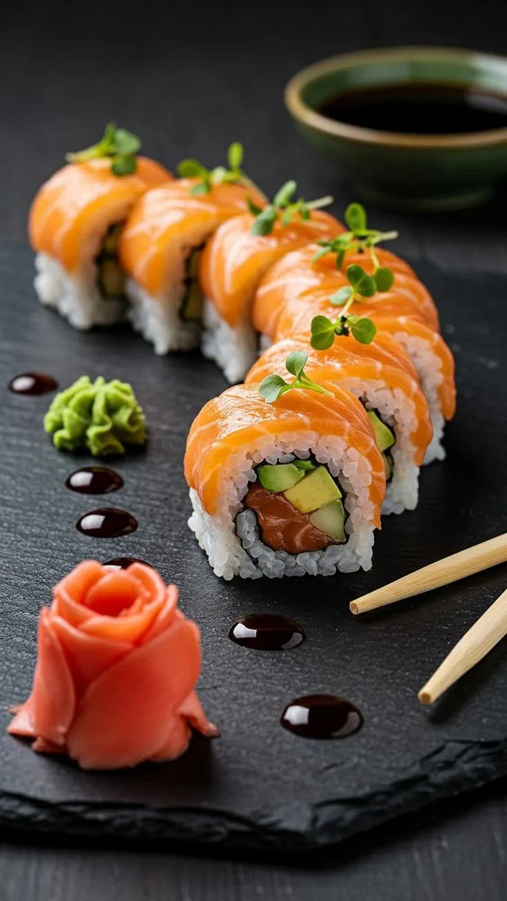 Salmon sushi roll filled with avocado, garnished with microgreens on black slate