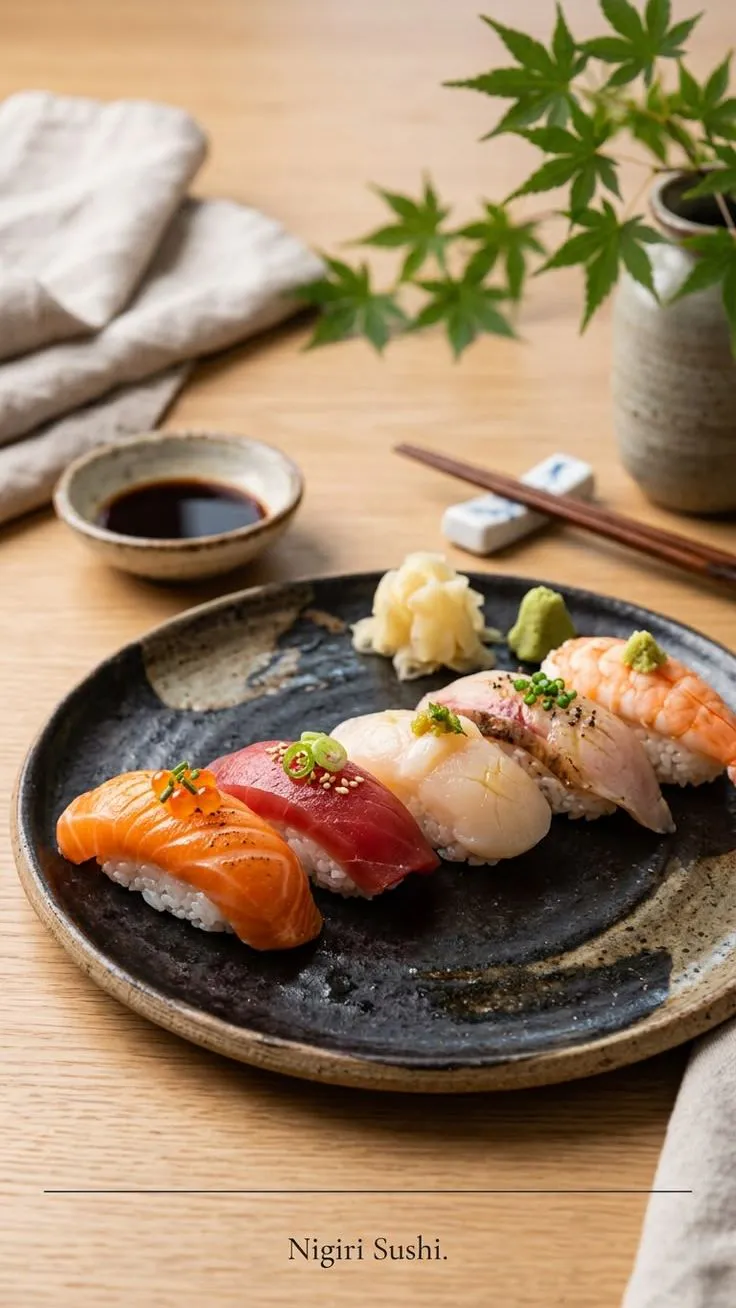 Platter of assorted nigiri sushi with wasabi, ginger and soy sauce on ceramic plate