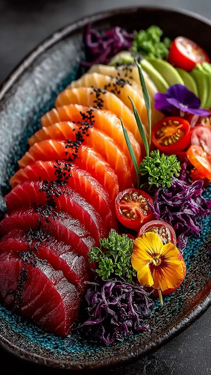 Colorful sashimi platter with fresh raw fish, edible flowers and vegetable garnishes