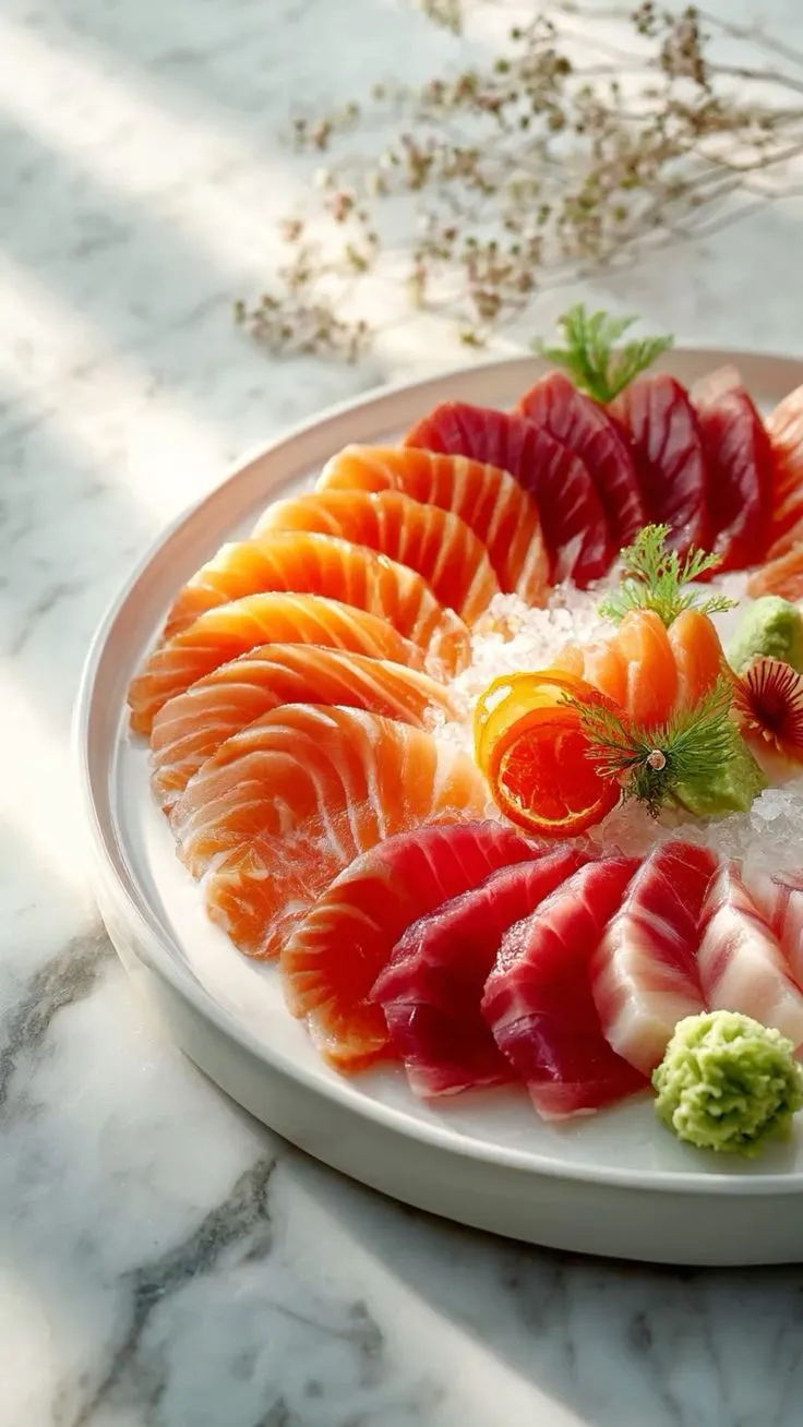 Sashimi plate with salmon and tuna served on crushed ice with wasabi and garnishes