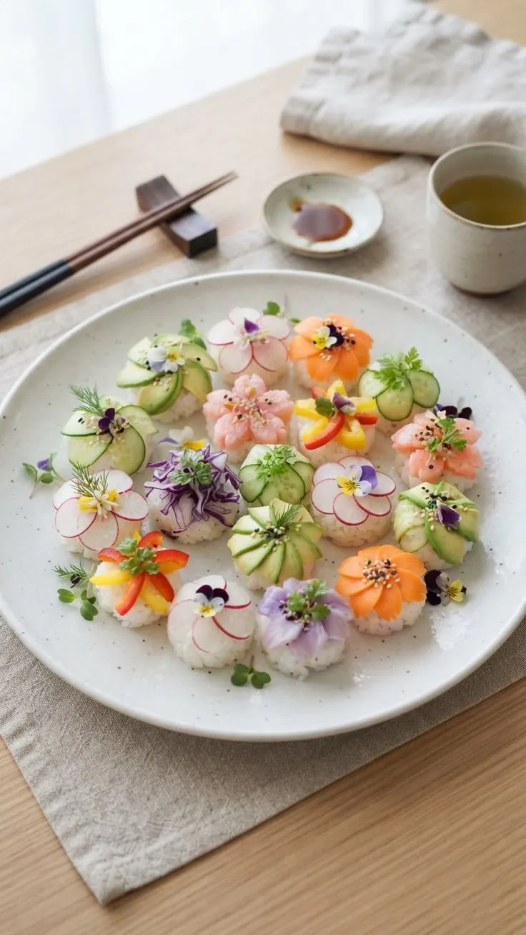Pretty flower-shaped temari sushi with veggies and edible flowers on white plate