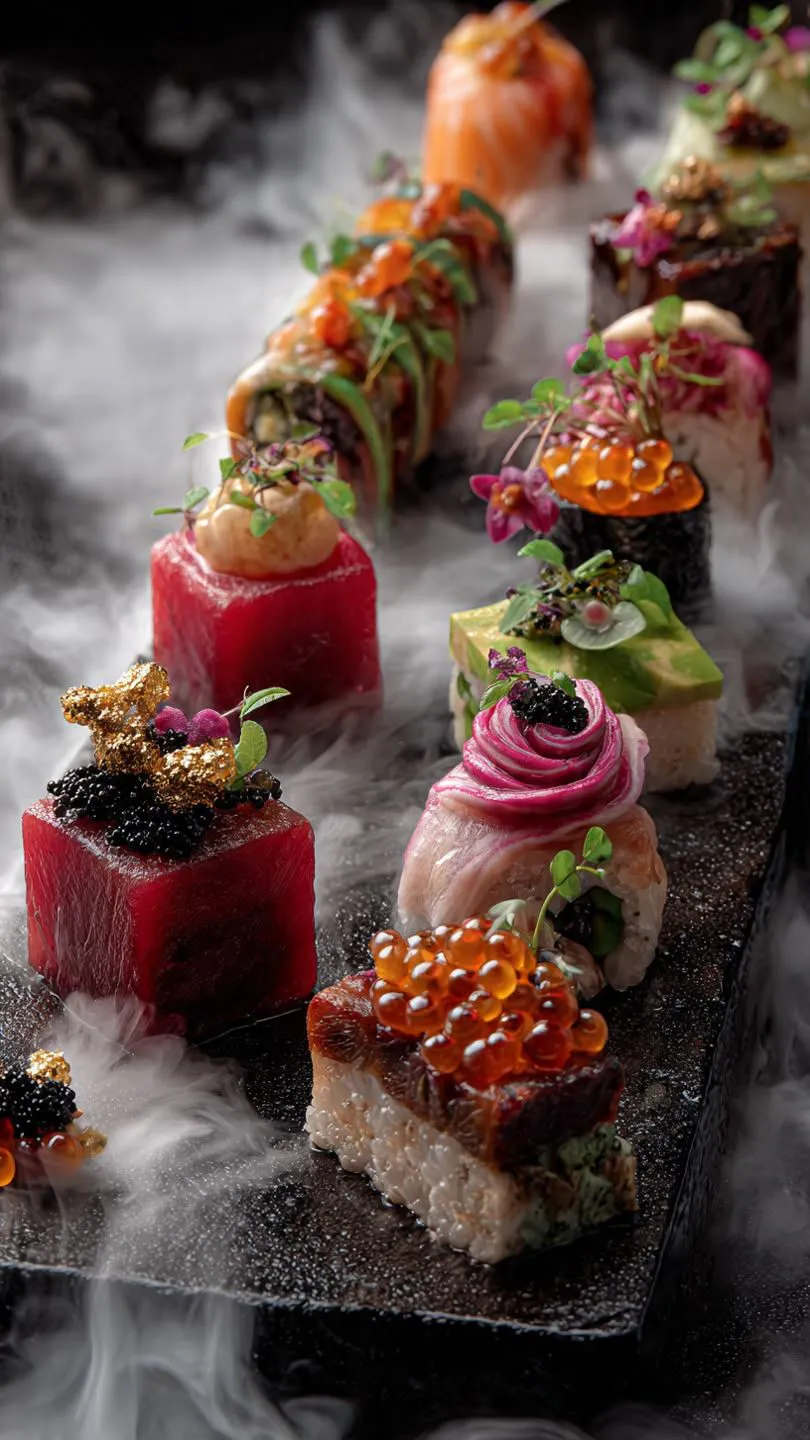 Assorted gourmet sushi with caviar and edible flowers served on dark slate with mist