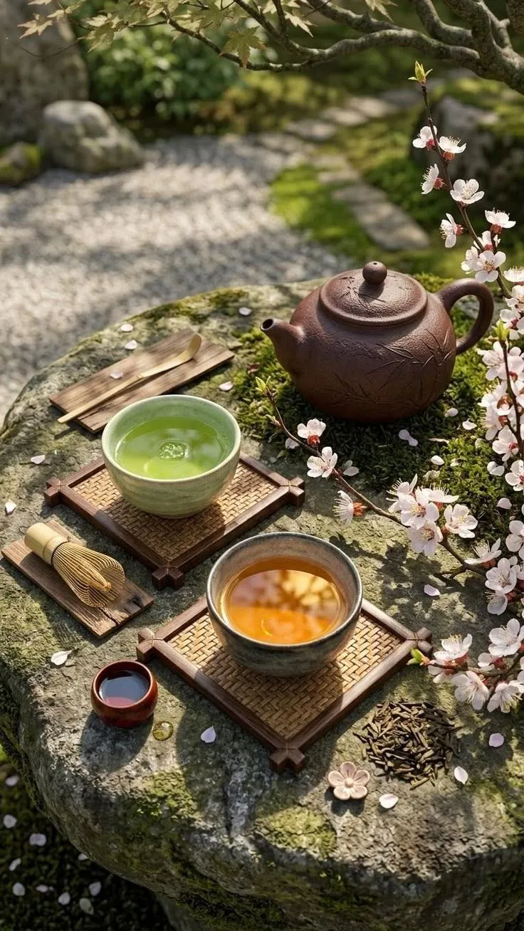 Japanese tea set with teapot and matcha on mossy stone table in garden